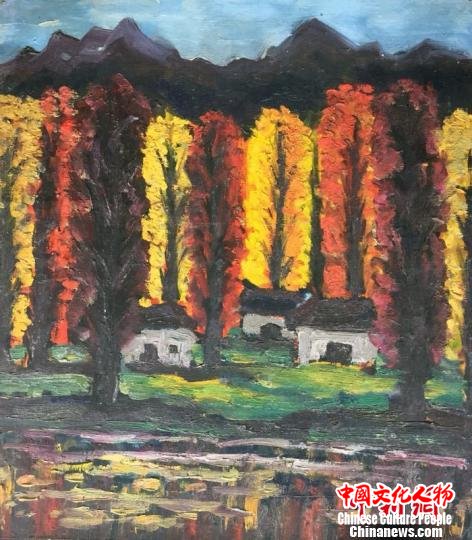 林风眠油画《秋林小屋》。　民烨 摄