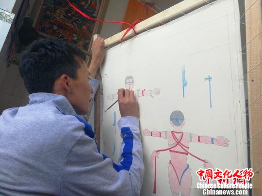 达瓦顿珠的徒弟次琼在学习绘制藏医药唐卡 赵延 摄