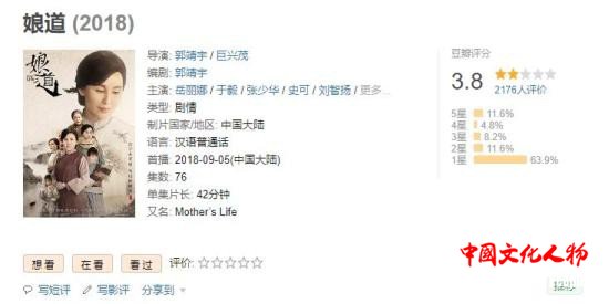 郭靖宇认为,因为没有购买收视率,因此遭“水军”围攻,新剧《娘道》豆瓣评分低。 图片来源:豆瓣截图